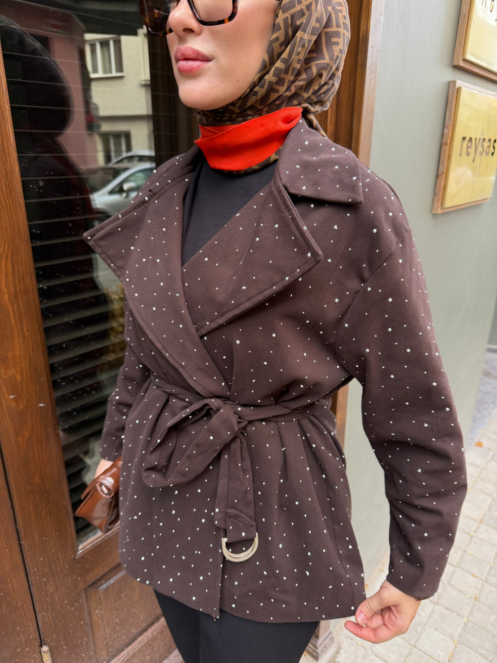 Taşlı Gabardin Ceket (Kahve)