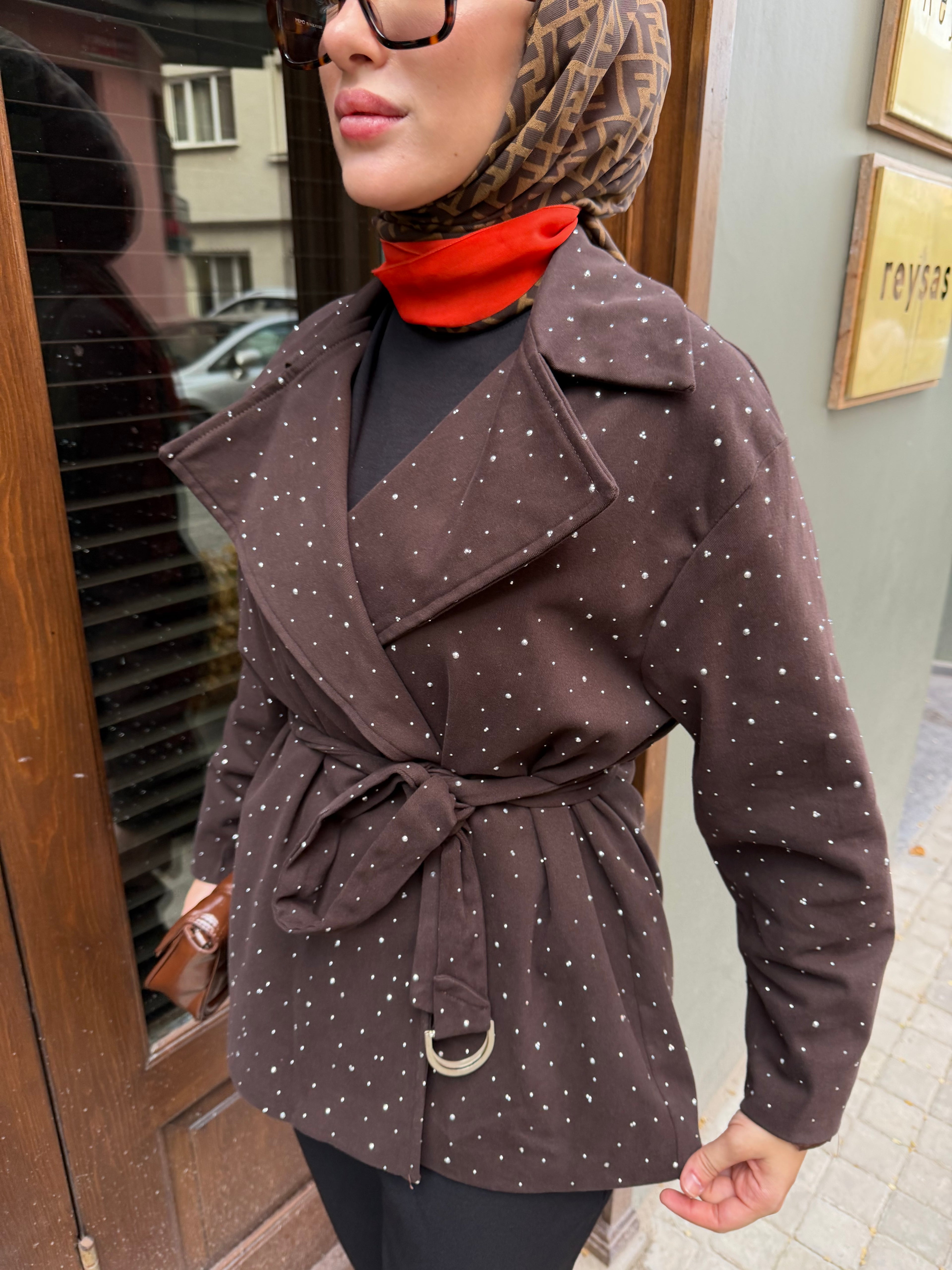 Taşlı Gabardin Ceket (Kahve)