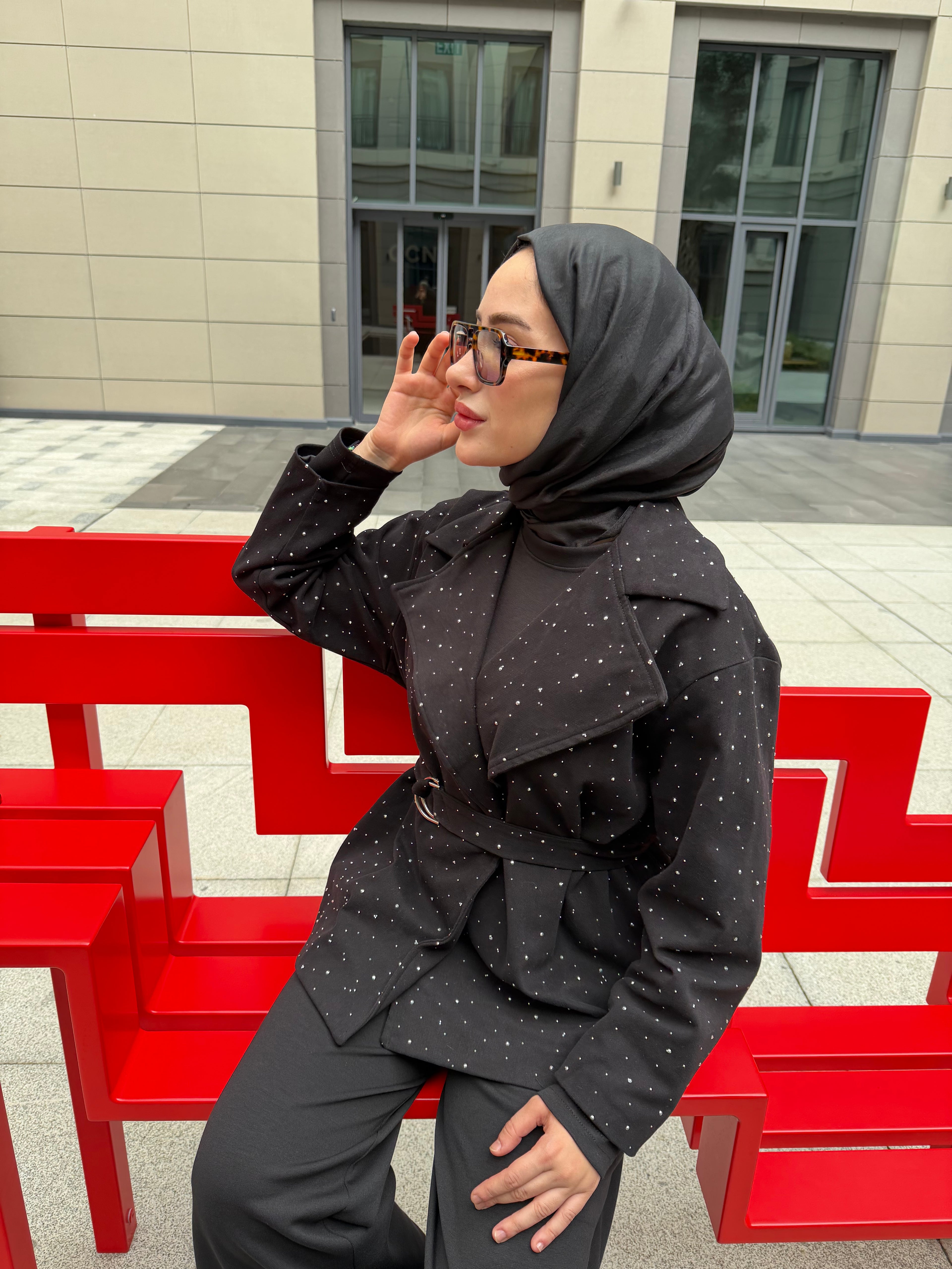 Taşlı Gabardin Ceket (Siyah)