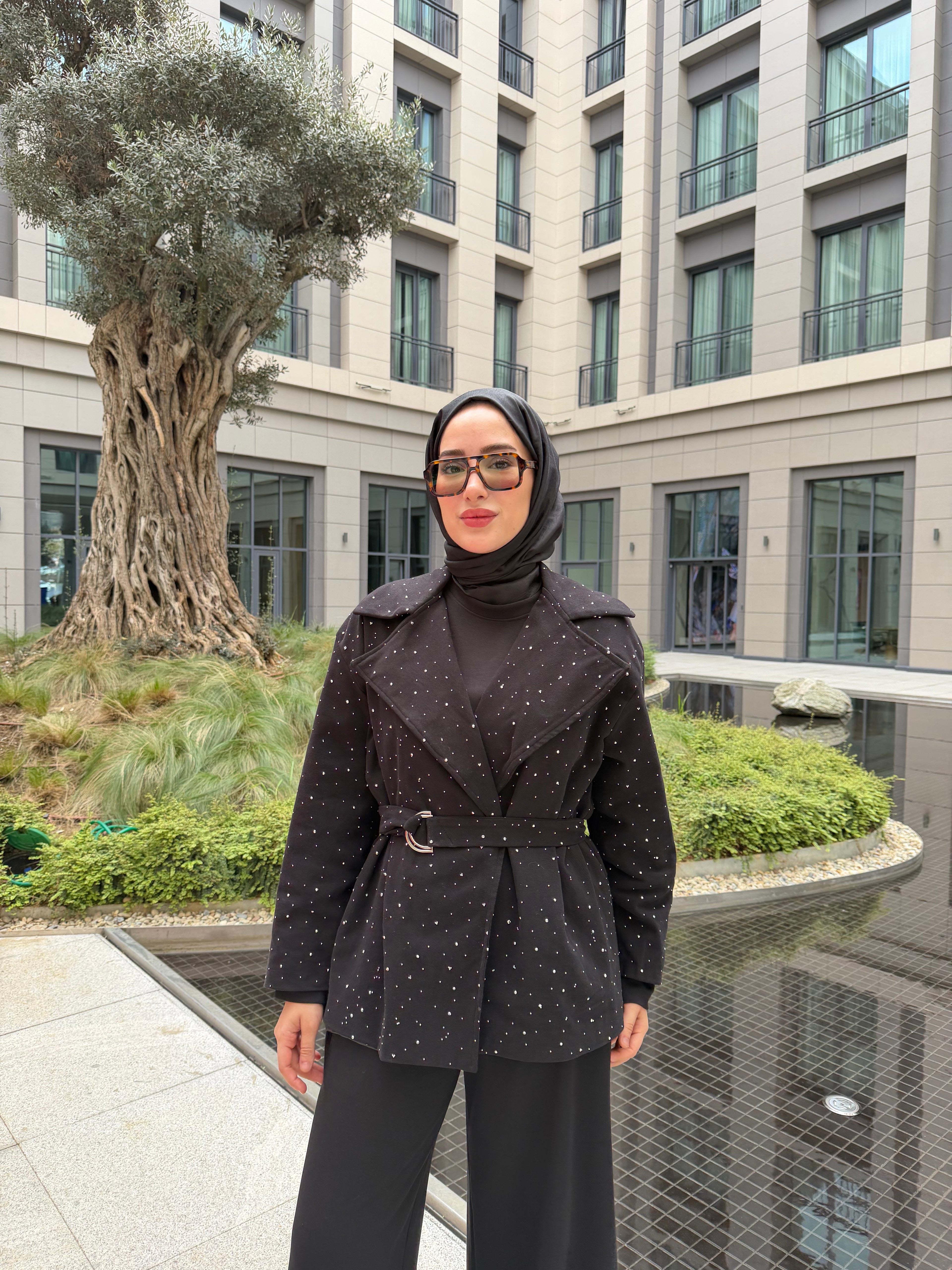 Taşlı Gabardin Ceket (Siyah)