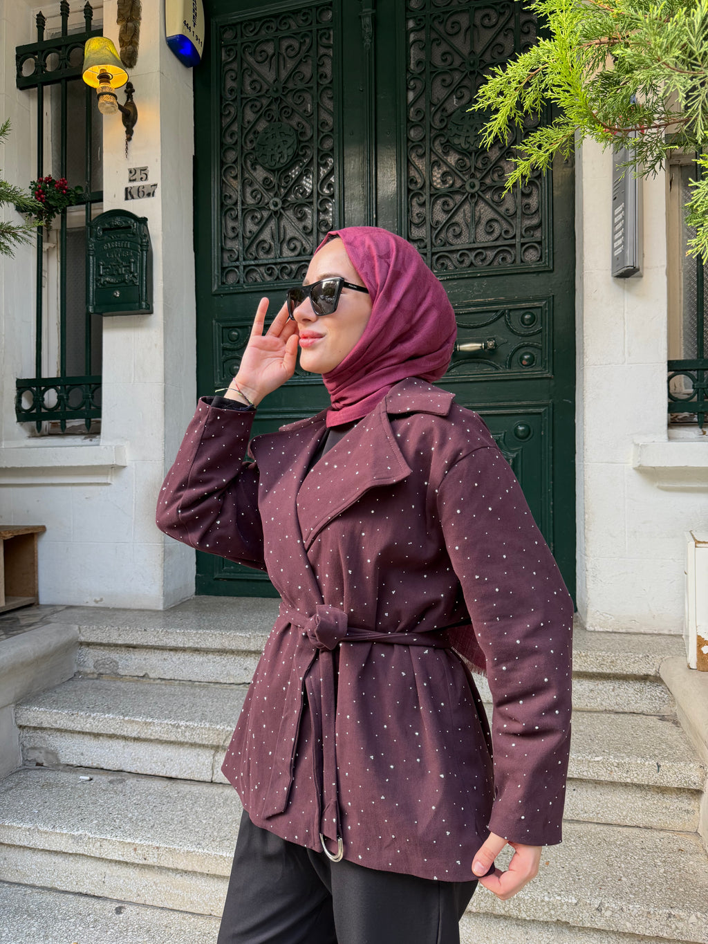 Taşlı Gabardin Ceket (Bordo)