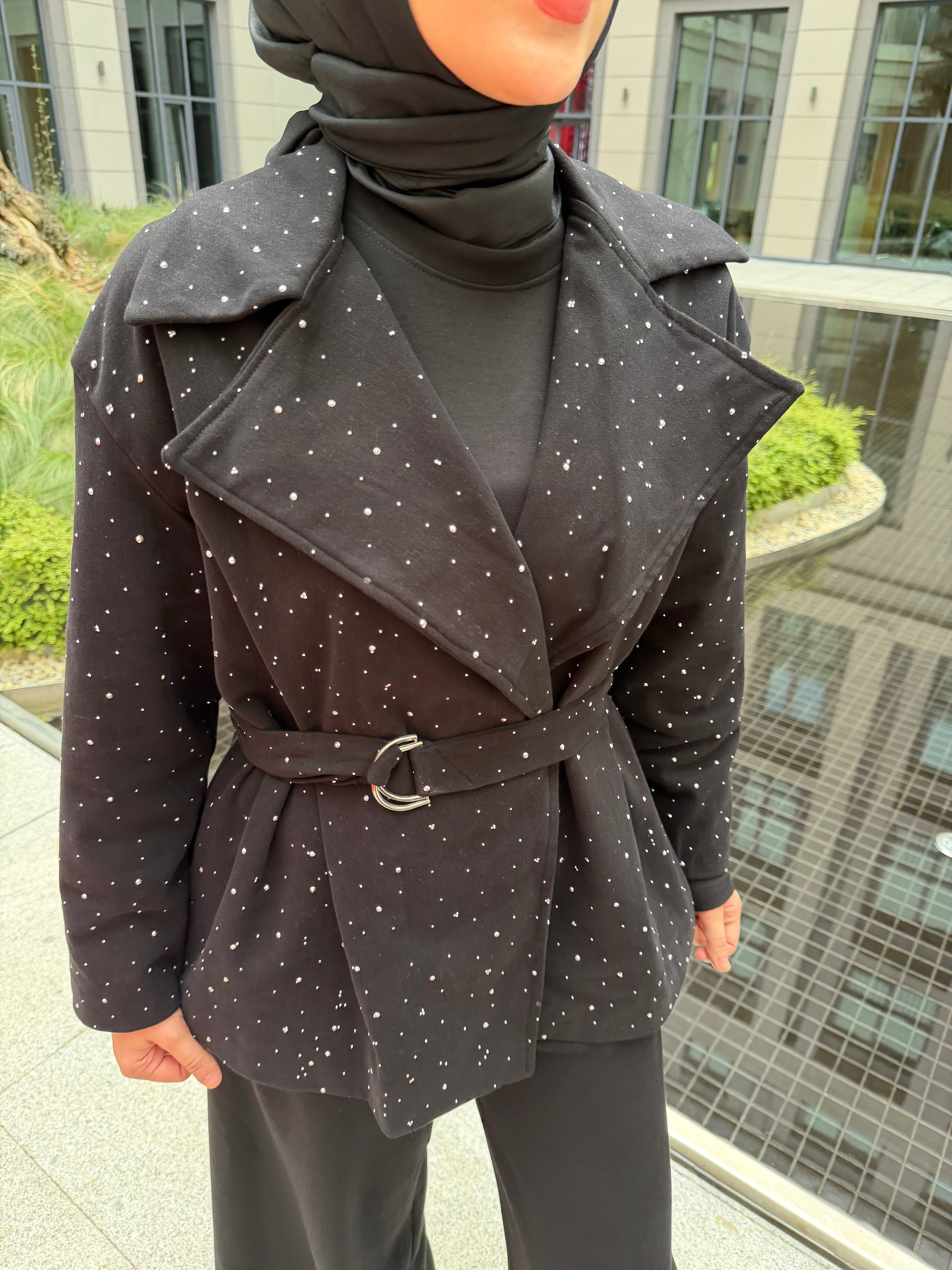 Taşlı Gabardin Ceket (Siyah)