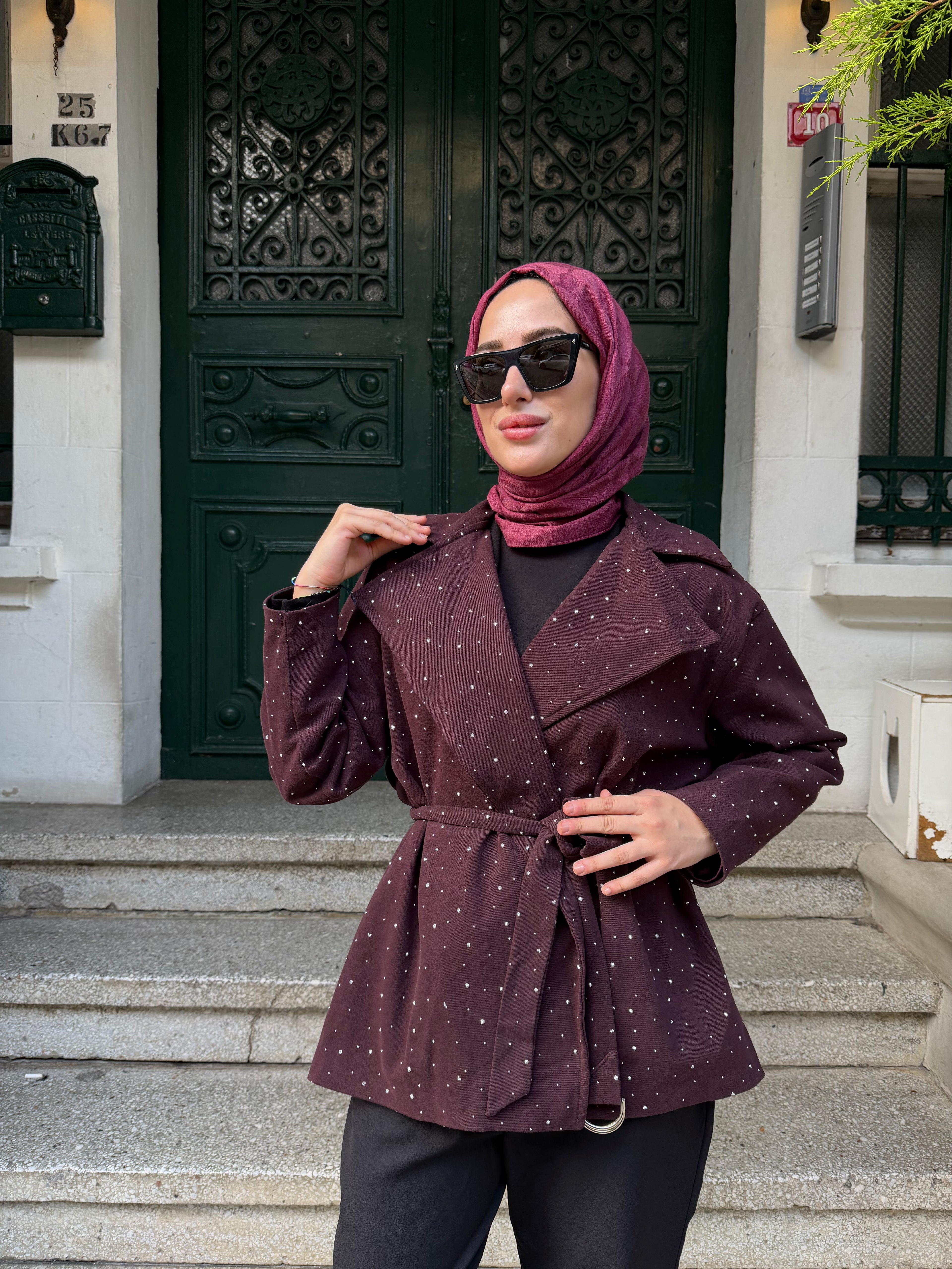 Taşlı Gabardin Ceket (Bordo)