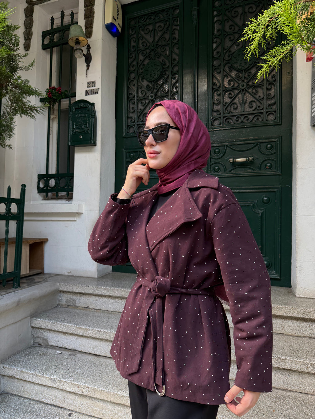 Taşlı Gabardin Ceket (Bordo)