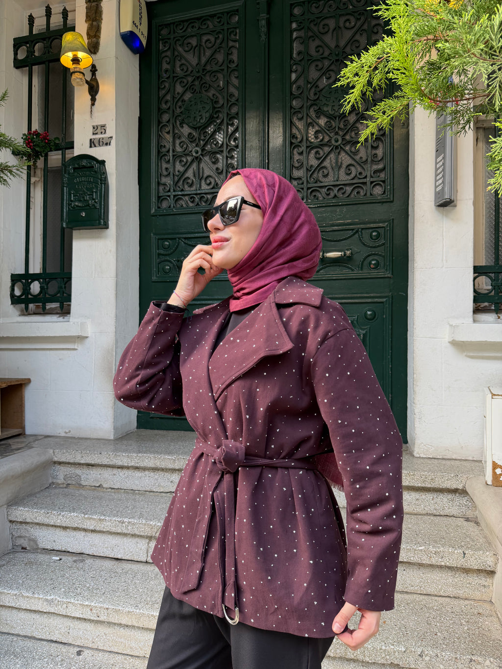 Taşlı Gabardin Ceket (Bordo)