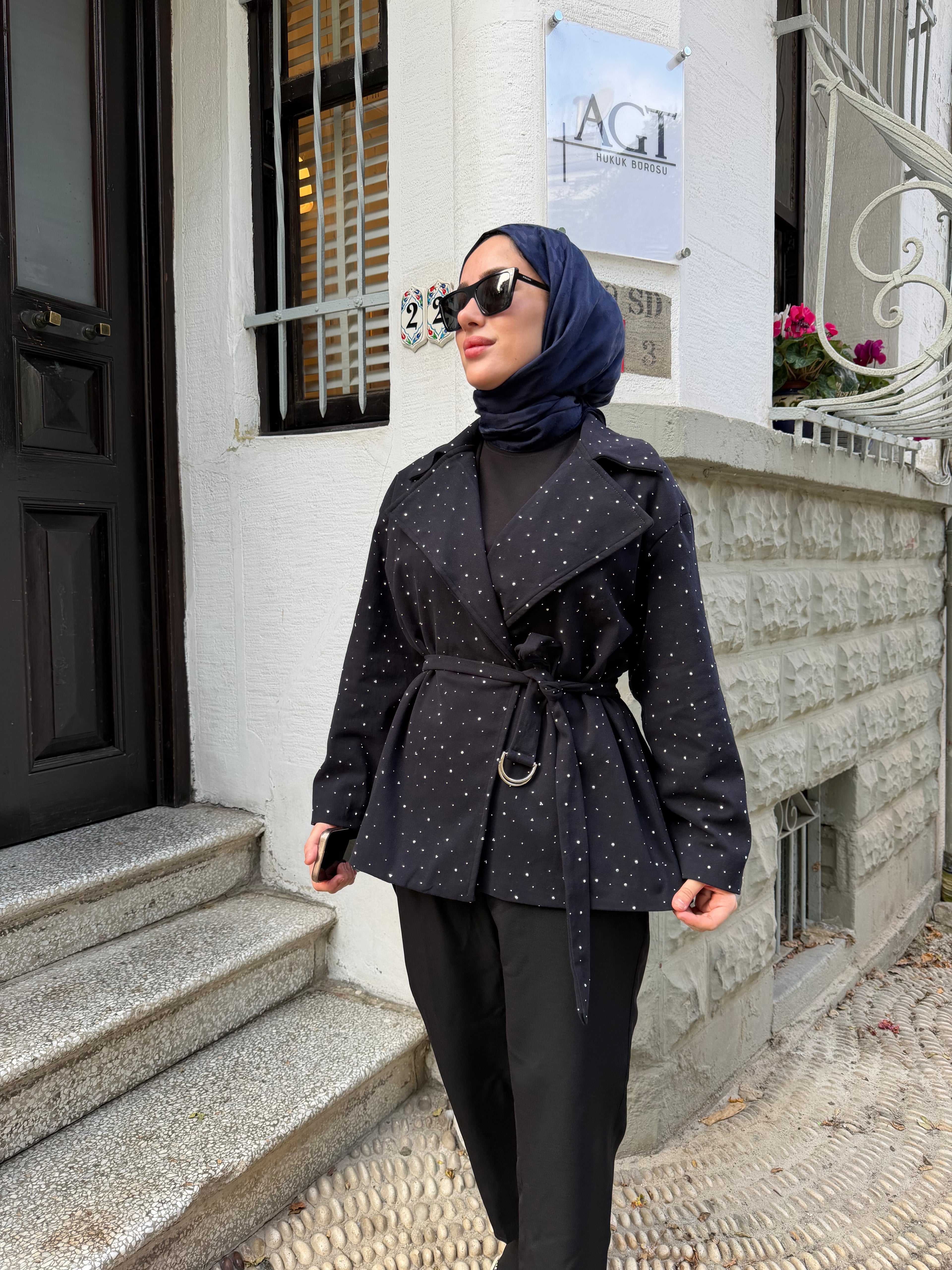 Taşlı Gabardin Ceket ( Lacivert)